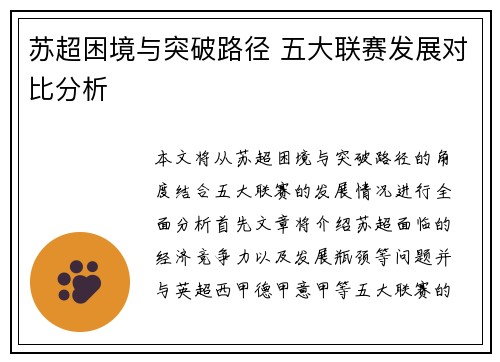 苏超困境与突破路径 五大联赛发展对比分析